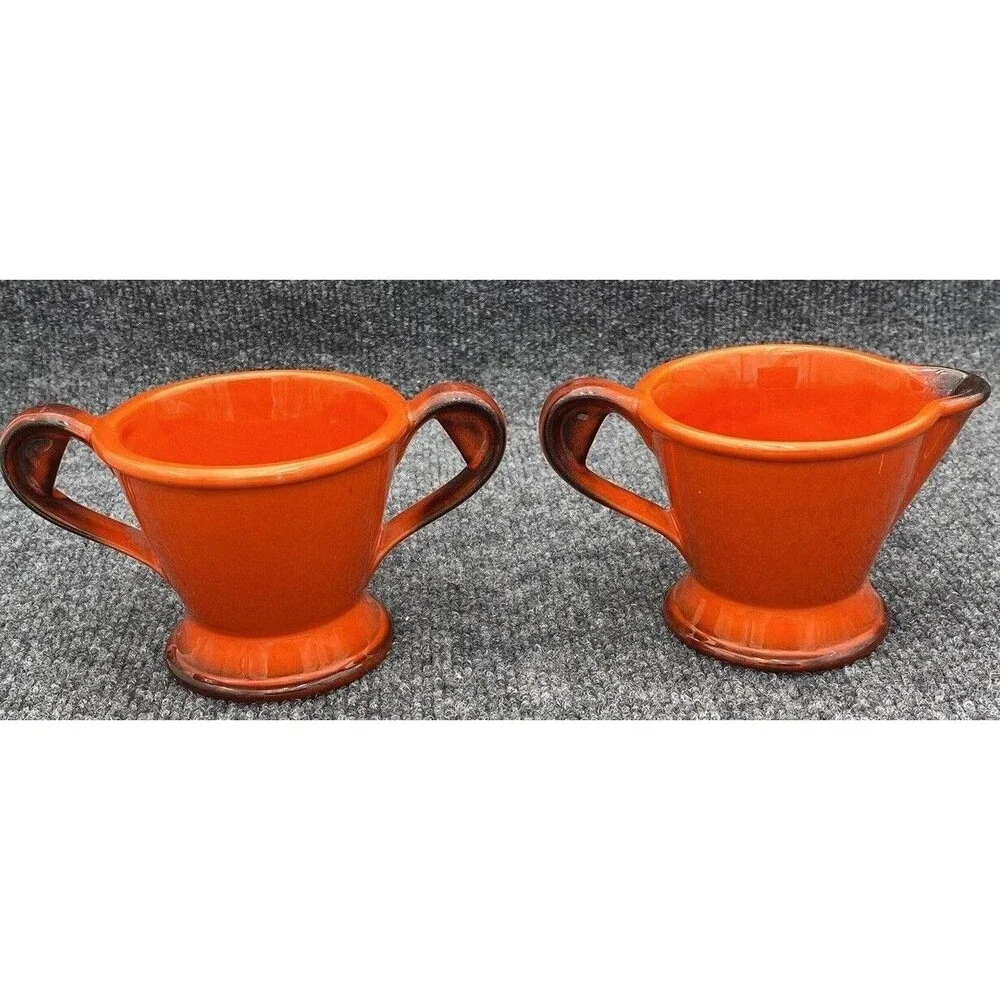 Vintage Metlox Poppy Trail Red Rooster Creamer Open Sugar Bowl Set Burnt Orange